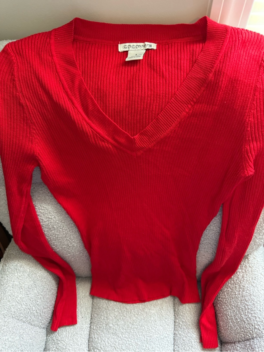 Red Ribbed V-Neck Sweater
